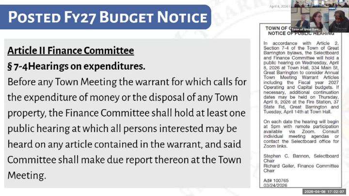 Thumbnail image for Great Barrington Selectboard and Finance Committee Joint Meeting, April 8, 2026